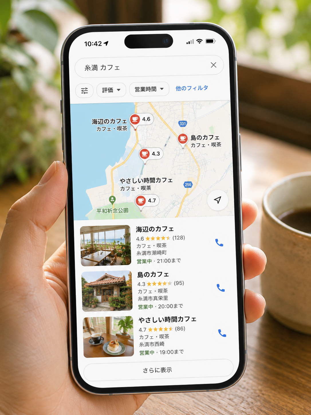 Googleマップで糸満のカフェを検索した画面