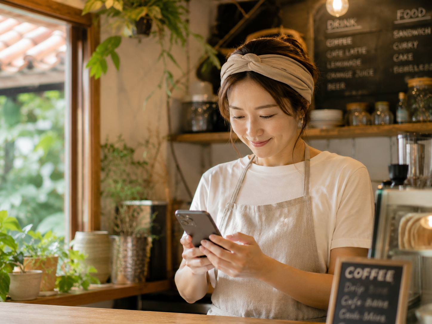 スマホで自分のお店のサイトを確認して嬉しそうな店主