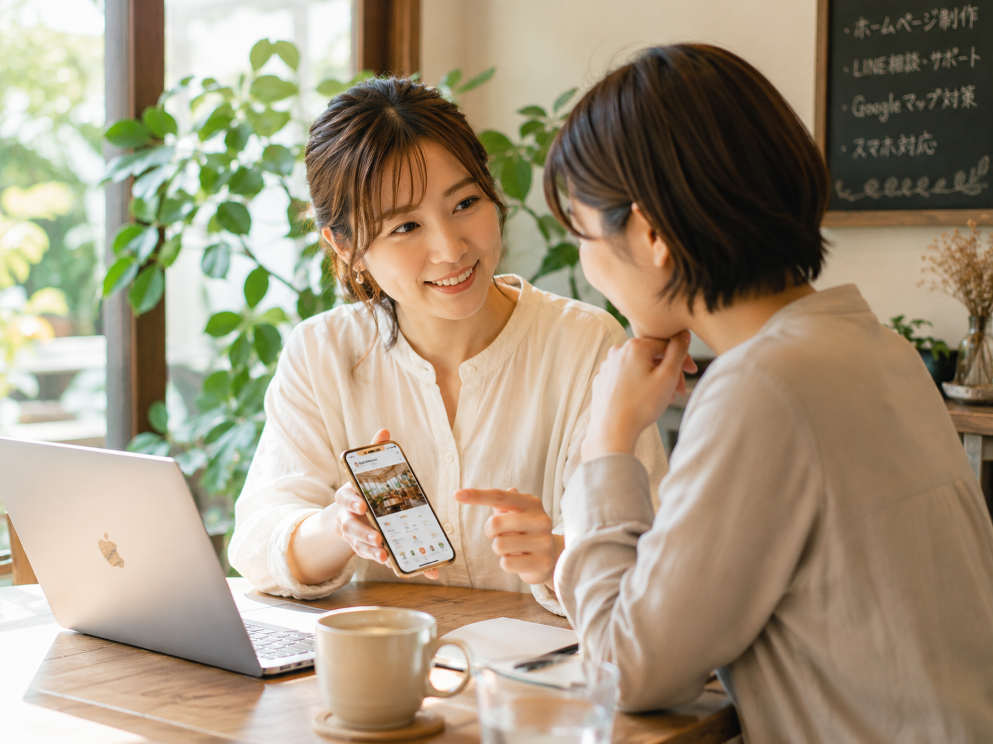 お客さまと対面で、どんなホームページにするか相談している様子